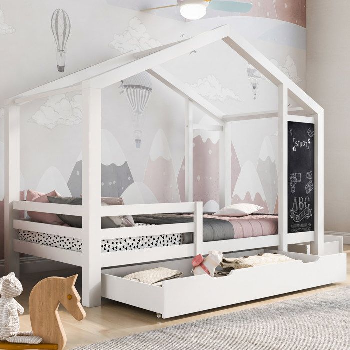 Lit cabane enfant lit surélevé 90 x 200 cm avec bureau multifonctionnel  intégré et escalier, blanc YCFR000644 - Conforama