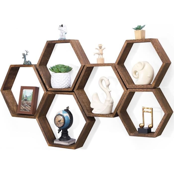 étagères hexagonales flottantes - montage mural - nid d'abeille - salon, chambre à coucher, cuisine (brun)