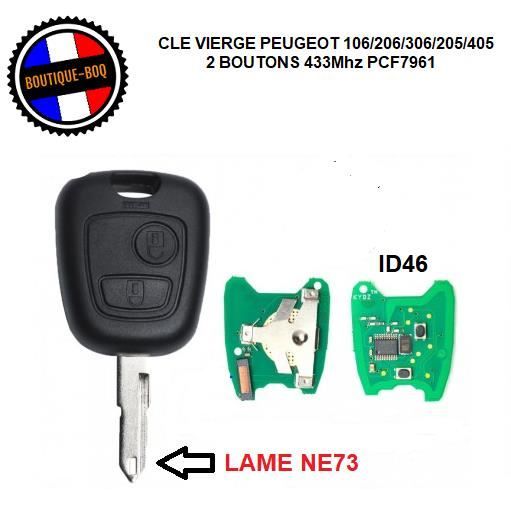 Clé Vierge Lame NE73 + Électronique Transpondeur ID46 PCF7961 433 Mhz Pour Peugeot 106/206/306/205/405 - Cle 2 Boutons