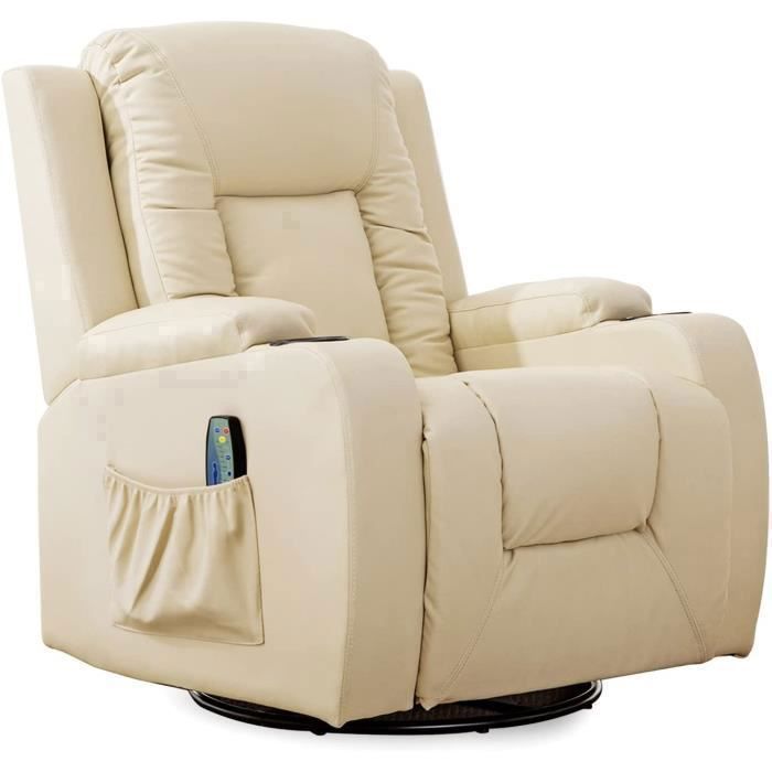 Fauteuil Relax avec Dossier et Repose-Pieds Réglables avec Porte-Gobelets et Poches Latérales Cuir PU Beige