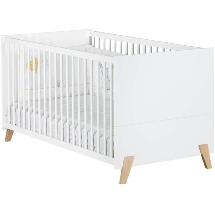 Lit évolutif - 140x70cm - Babyprice Joy Naturel - Blanc sur pieds en bois naturel