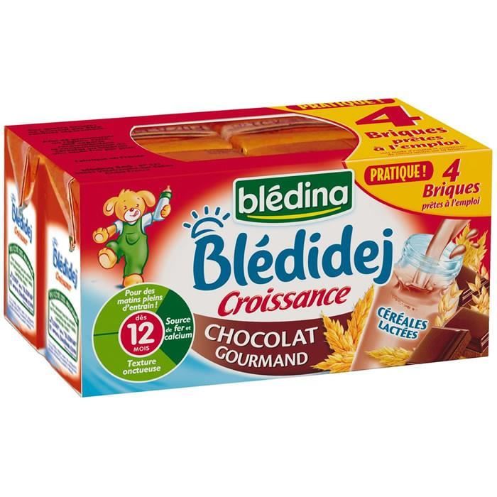 Blédina Blédidej, Céréales bébé Lactées Délice Chocolaté, Dès 12 Mois,  500ml (6 briques) : : Epicerie