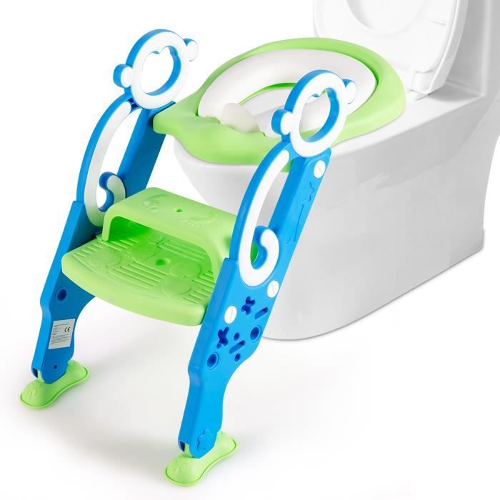 Siège de Toilettes pour Bébé Réglable et Pliable avec Echelle Siège  Rembourré Large Marchepied Bleu et Vert - Costway