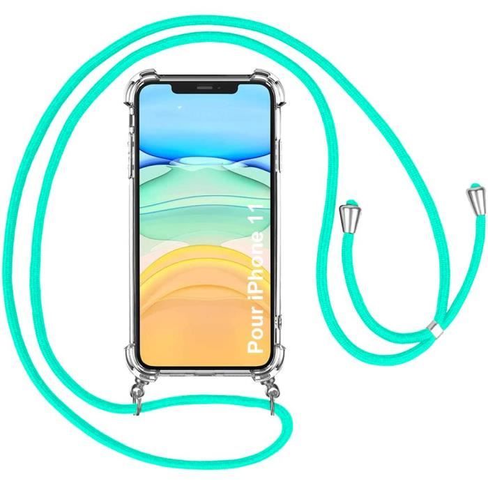 Coque Cordon Pour iPhone 11 (6.1) Transparente Fine Anti-Rayure Avec  Cordon de Serrage Vert