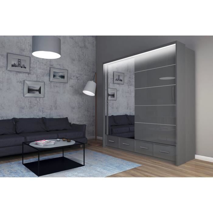 Original-Garderobe - Armoire avec tiroirs Cylia LED 203 - Gris + miroir - armoire à glace avec portes coulissantes
