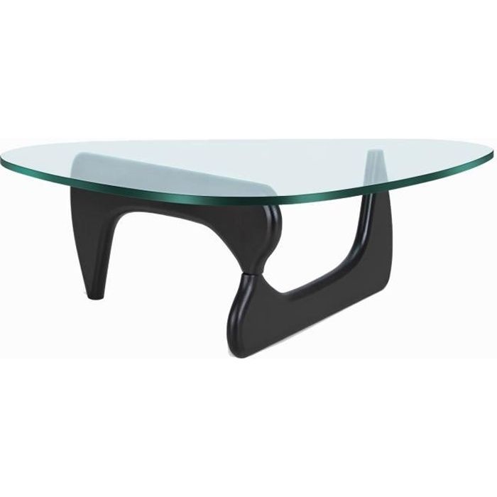 Table Basse Verre Trempé 19mm Style Noguchi Design en Bois Massif Salon- Noir