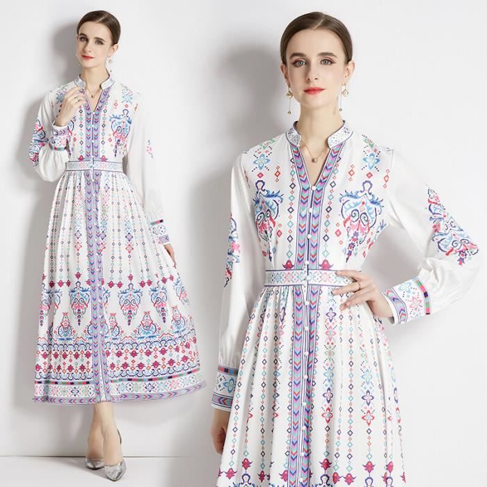 Robe,Robe Longue à Col Montant Et Manches Lanterne Pour Femme,imprimé