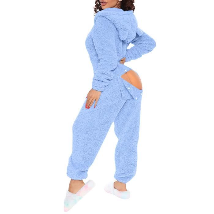 PYJAMA - CHEMISE DE NUIT Pyjama Femme,Combinaison Sexy Bouton Rabattu,  Manches Longues, Pyjama Combinaison BoutonnéE Bleu