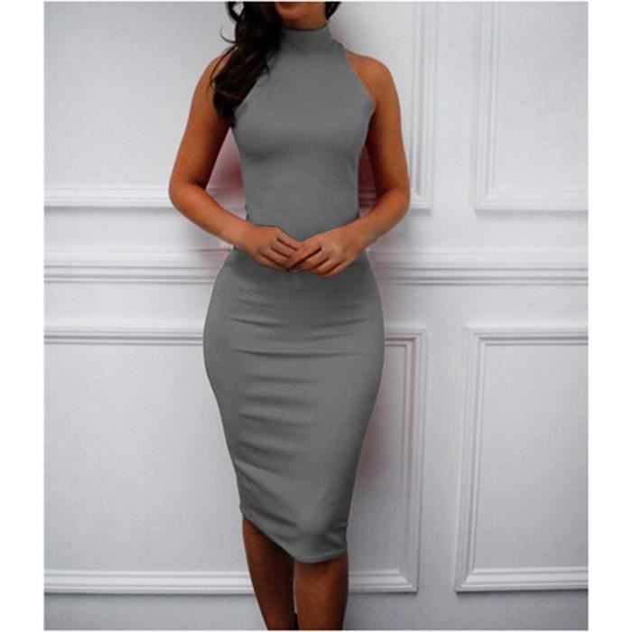 Femmes Robe De Genou Slim Bretelles Backless Robe A Col Roule Skinny Robe Mi Longue Gris Gris Achat Vente Robe Cdiscount