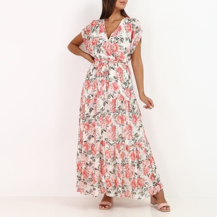 Robe longue blanche fleurs romantiques et d tails dor s Blanc