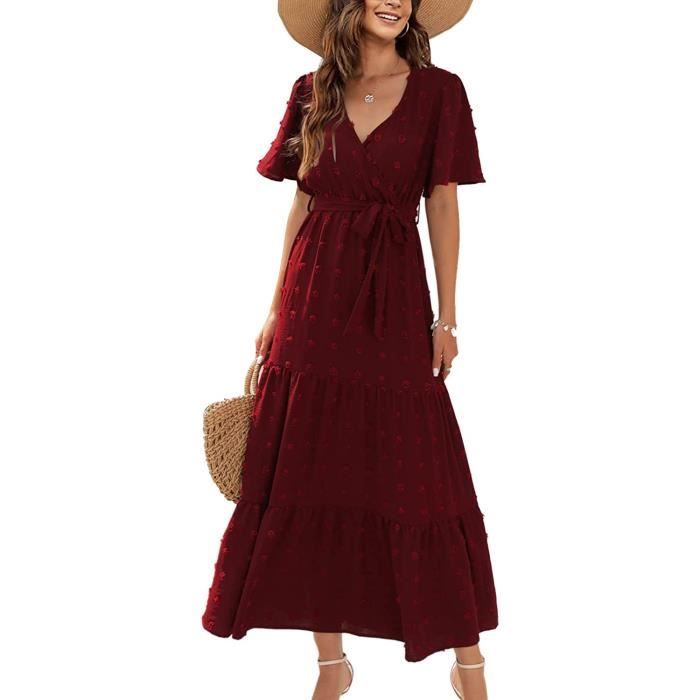 Robe Femme Ete Robe Longue Robe Col en V legante Taille Haute