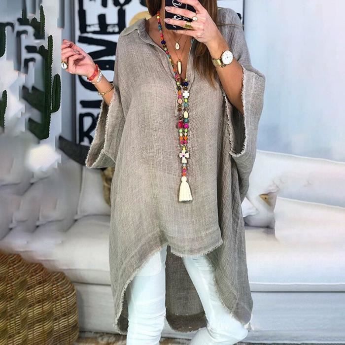 Chemise Chemisier en coton et lin pour femme col revers longueur irr guli re d contract v tements Harajuku Gray E93733