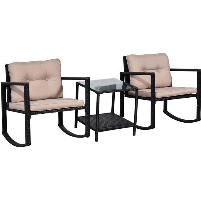 Outsunny Salon de jardin 2 personnes 3 pièces 2 chaises à bascule avec coussins + table basse plateau verre trempé noir et marron
