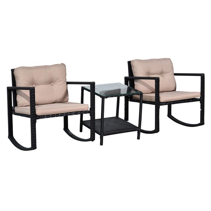 Outsunny Salon de jardin 2 personnes 3 pièces 2 chaises à bascule avec coussins + table basse plateau verre trempé noir et marron