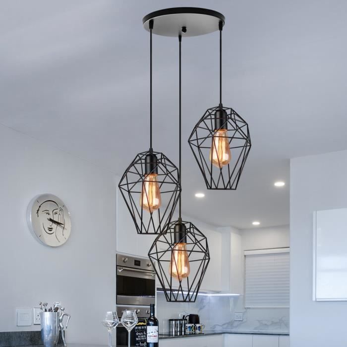 Métal Lustre Suspension Rétro Abat Jour E27 Pendentif 3 Lampes Forme Cage à Oiseaux Plafonnier Suspendu Pour Magasin Salon Cuisine