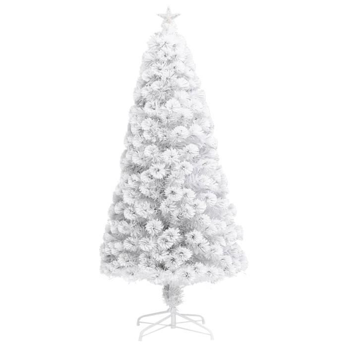 Sapin De Noël Blanc Artificiel 150cm Avec LED Fibres Optiques - 170 Branches PVC, Base Métallique, 7 Couleurs