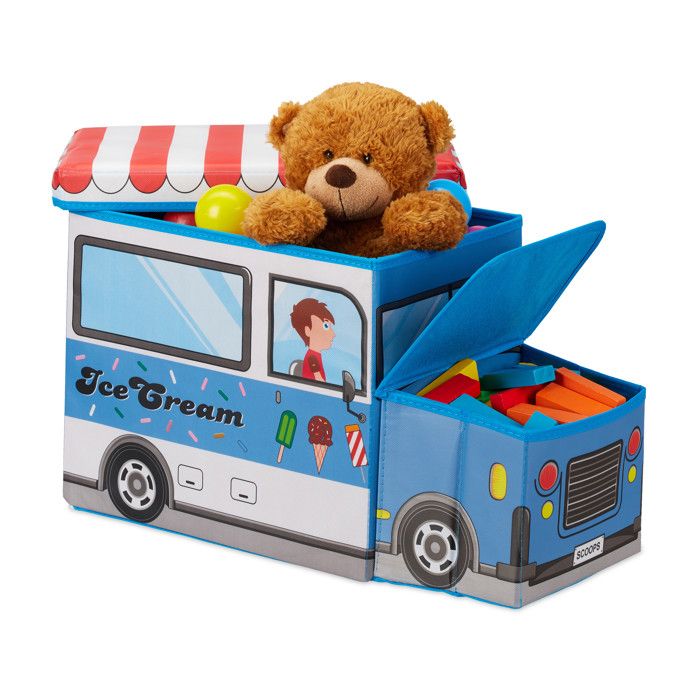 Relaxdays Boîte-siège pour enfants rangement pliable avec couvercle jouets modèle camion de glace 50 L bleu