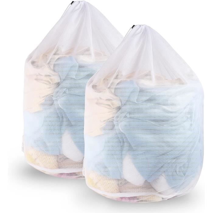 Sac à Linge En Maille 60x80 Cm - Avec Cordon De Serrage - Lavable En Machine - Blanc - Pour Voyage, Dortoir, Maison