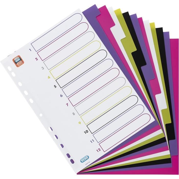 5 Sets Intercalaires A4 12 Onglets – Feuillets Séparateurs Numérotés 1-12, 150 G/m², 11 Trous, Format A4 Maxi Couleurs Vives