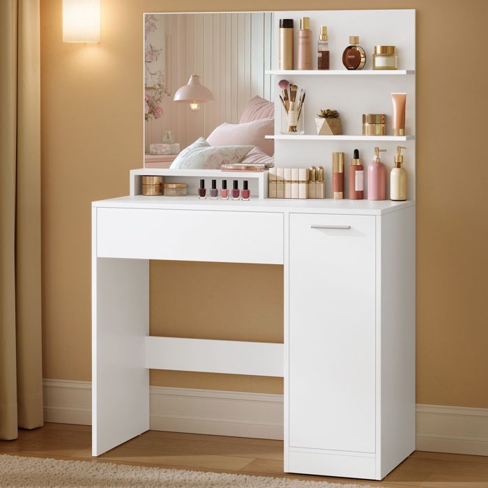 VASAGLE Coiffeuse 1 tiroir miroir avec 2 étagères SANS TABOURET placard de rangement 80 x 40 x 132 cm blanc