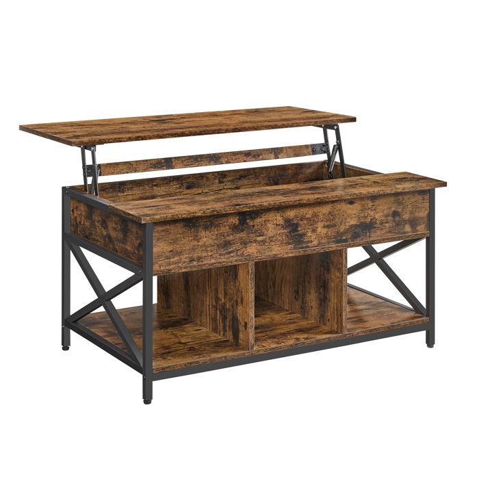 Table Basse Relevable avec Rangement Ouvert et Compartiment Caché Barres en Forme de X 60 x 100 x (48-62) cm Marron et Noir