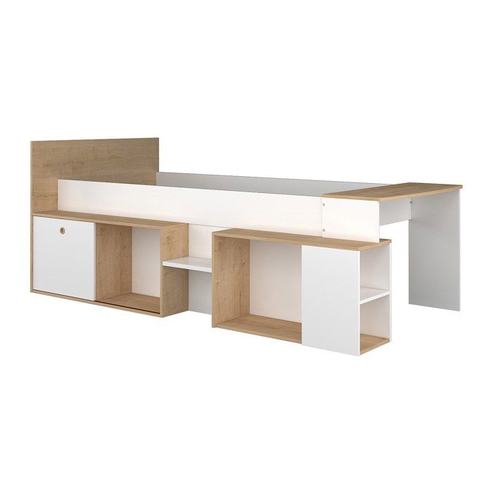 Lit combiné 90 x 200 cm avec bureau et rangements - Blanc et naturel - PALOMA