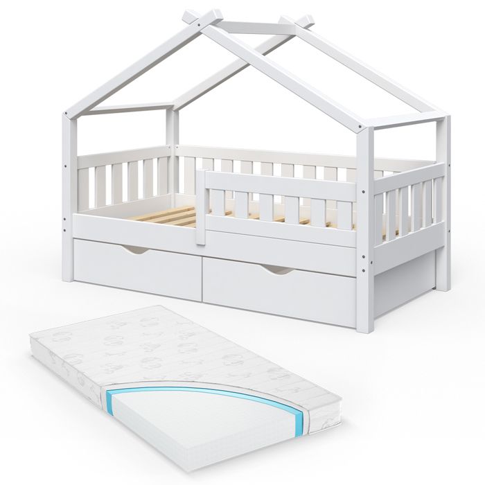 Lit cabane Design 80x160 cm avec 2 tiroirs et matelas Blanc Vitalispa 33460 Lit cabane Design 80x160 cm avec 2 tiroirs et matelas Blanc Vitalispa 33460
