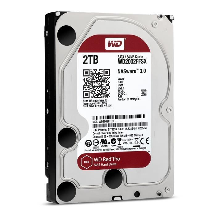 WD Red Pro 3.5 Disque dur interne pour NAS 8 à 16 baies 2 To 7200 RPM 64  Mo SATA 6Gb-s (WD2002FFSX - bulk)