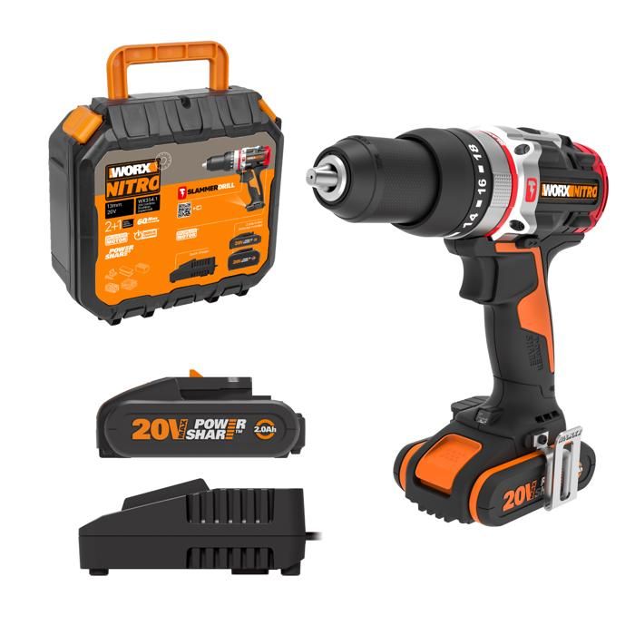 WORX NITRO 18V20V MAX Perceuse à Percussion sans Fil WX354.1 PowerShare PRO Brushless 60 N.