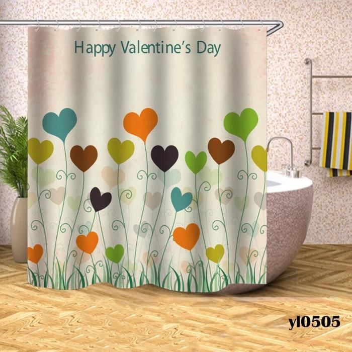 Saint Valentin Coeur Amour salle de bains Tissu imperméable rideau de douche Set de 12 crochets