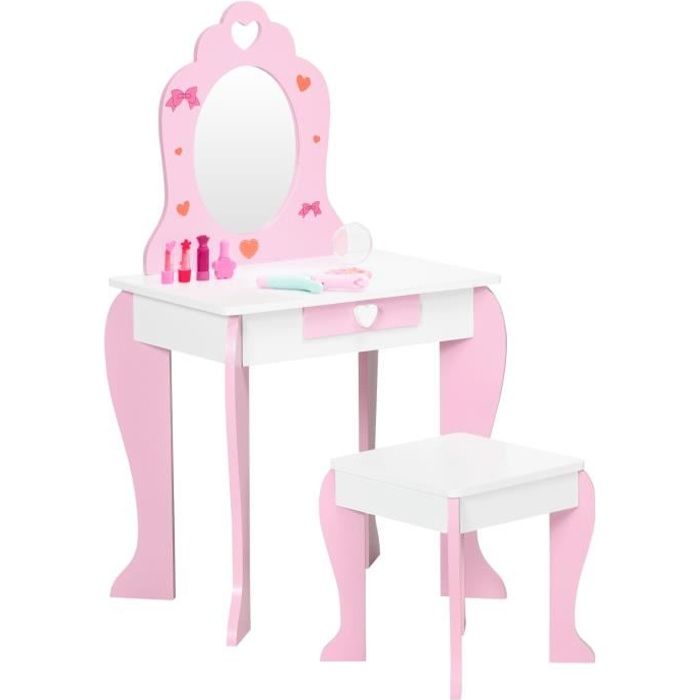 coiffeuse enfant design girly motif coeur - tiroir, miroir, tabouret inclus - mdf - blanc rose