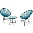 IDMARKET Salon de jardin IZMIR table et 2 fauteuils oeuf cordage bleu canard-1