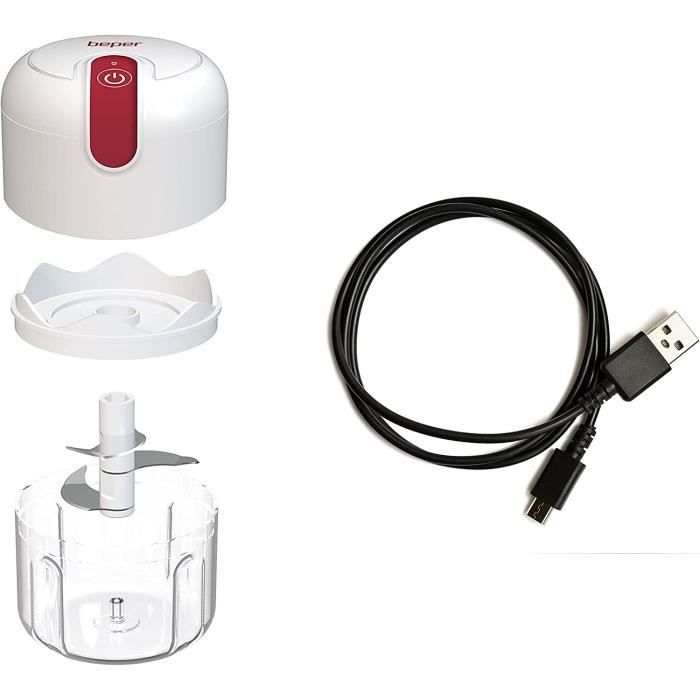 BEPER P102ROB050 Hachoir Rechargeable USB Mini Robot De Cuisine 250ml - 3 Lames Acier Inox, Rouge/Blanc
