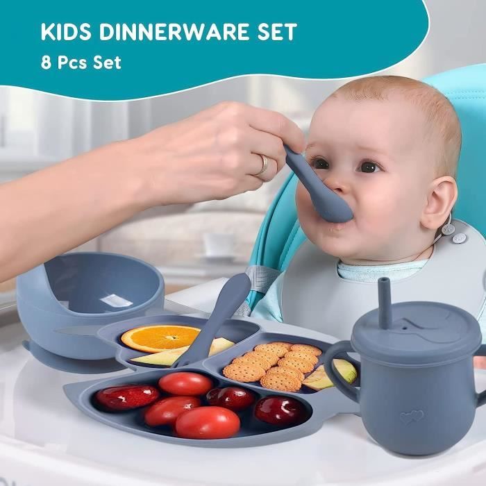 Set Repas Bébé SENSBABY - 8 Pièces Vaisselle Silicone Avec Ventouses