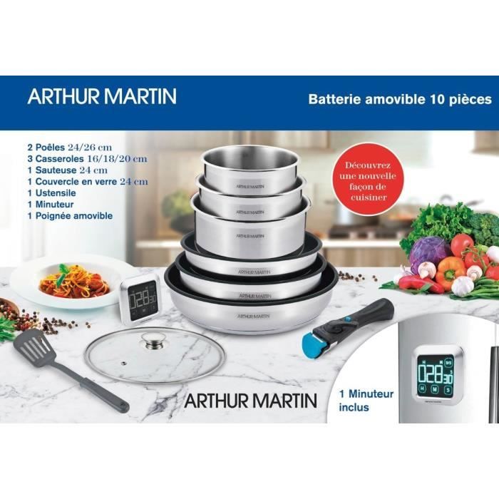 Batterie de cuisine 23 pièces Arthur Martin AM1671 - Inox – Poêles anti  adhérent - Poignée amovible - Tous feux dont induction - Cdiscount Maison
