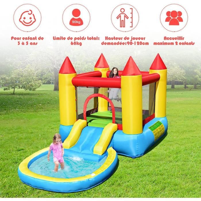 Château Gonflable Princesse Avec Toboggan, Basket Et Pataugeoire – Pour 3 Enfants Jusqu’à 45 Kg Chacun – Idéal 3-10 Ans – Sans Souffleur (GOPLUS)