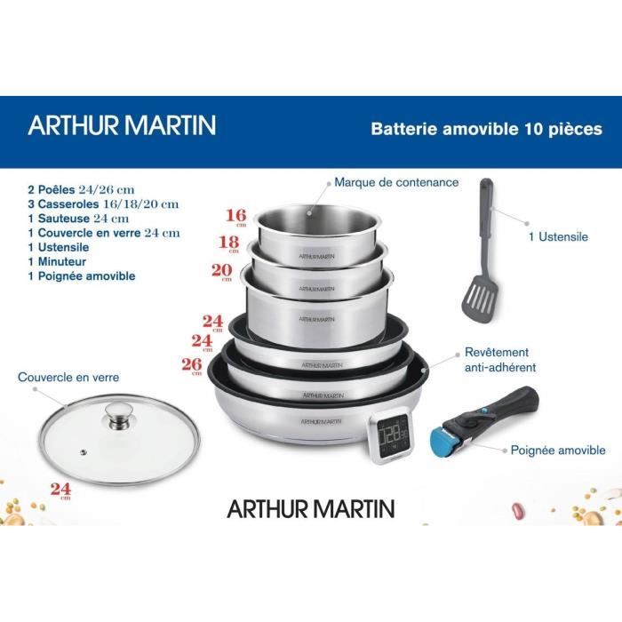Batterie de cuisine - Tous feux dont induction - Arthur Martin - AM9582 -  Aluminium - Anti-adhésif - 6 pièces - Poignée amovible - Cdiscount Maison