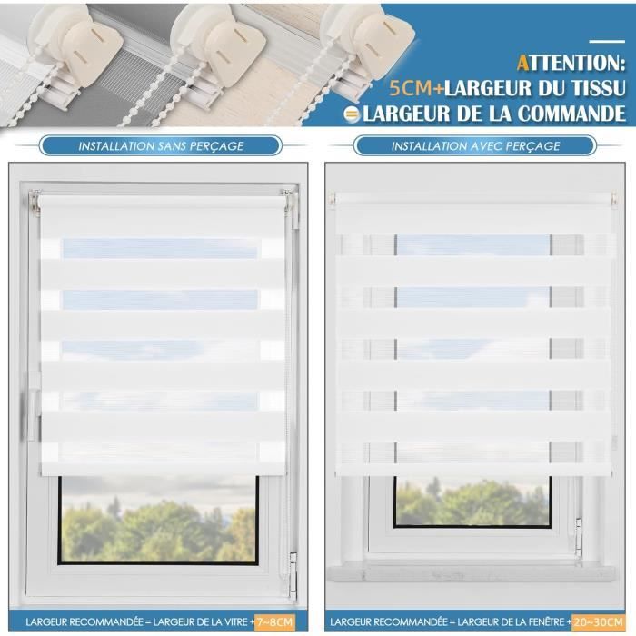 Buseu Store Enrouleur Jour Nuit sans Perçage, Rideau Translucide & Occultant, Fixation Facile par Clips pour Fenêtre ou Porte, Blanc, 75l x 120L cm (Largeur du Tissu 75 cm