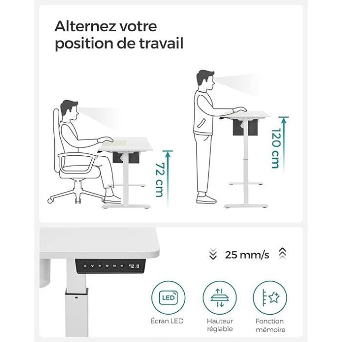 Bureau Électrique Réglable en Hauteur, Bureau Assis-Debout, Surface 60 x  140 cm, Réglable en Continu, Fonction Mémoire de 4 Hauteurs, Blanc