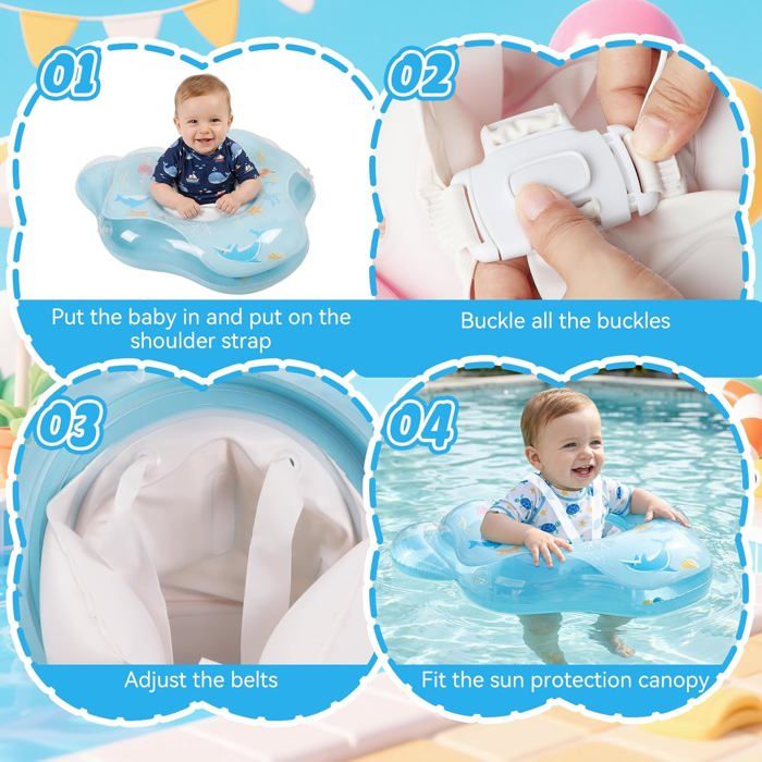 Olycism Bouée Bébé Avec Pare-soleil UPF50+ – Pompe Et 2 Patchs – Charge 20 Kg – Rose