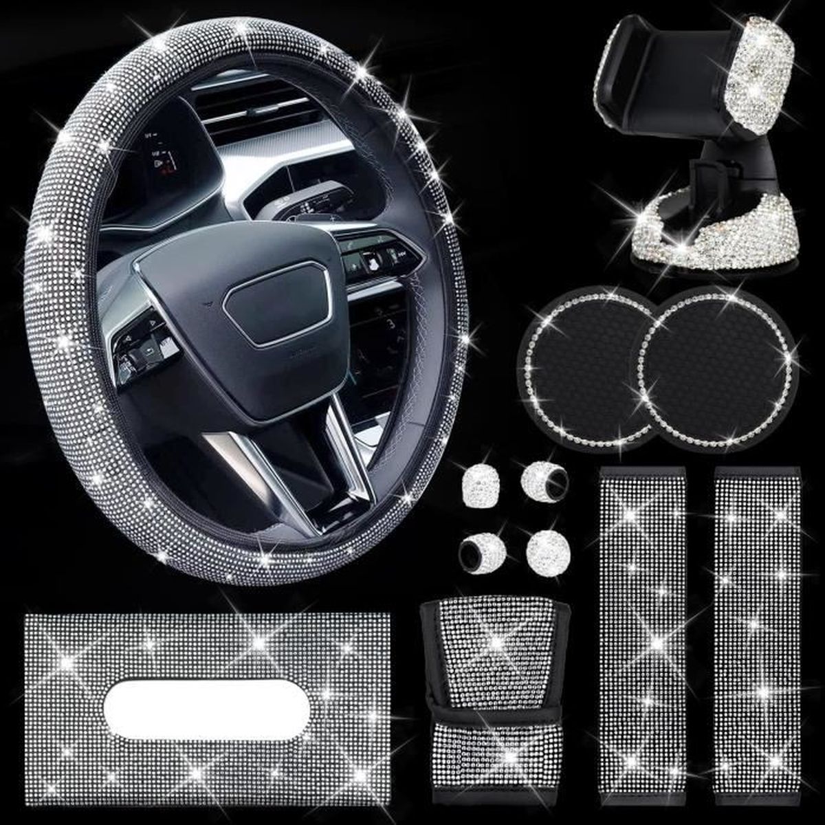 Kit Décoration Intérieur Voiture 21 Pièces - Housse Volant Strass, Support Téléphone, Dessous De Verre Glamour (rose, Violet, Blanc)