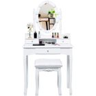 RELAX4LIFE Ensemble Coiffeuse LED en Bois avec Tabouret, Table de Maquillage Moderne avec Miroir et 3 Tiroirs, Blanc