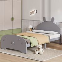Lit enfant 90 x 200 cm, lit simple, cadre de lit en bois massif, avec tête de lit en forme lapin, sommier à lattes inclus, gris