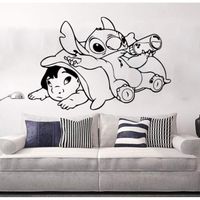 Sticker mural chambre d'enfants de bande dessinée Anime Stitch sticker mural salle de jeux vinyle décor 56x37cm noir