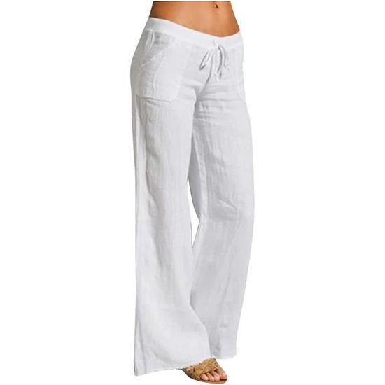 Pantalon En Lin Femme été - Taille Haute, Coupe Large Avec Cordon Et Poches - Léger Et Confortable Pour Plage, Ville Ou Détente