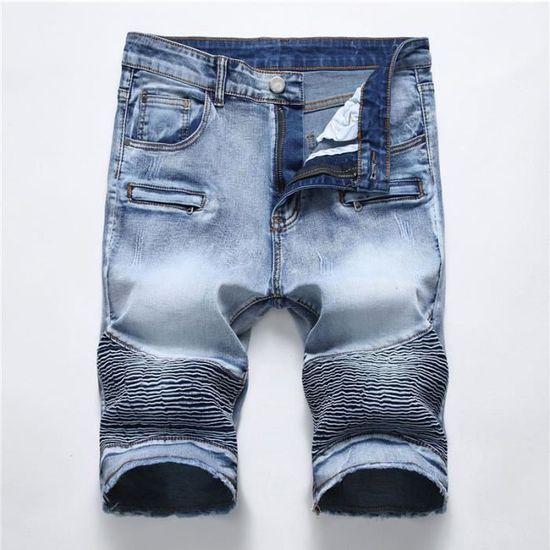 Bermuda homme de Marque en jean battle Bermuda denim d lav bleu Couleur bleu effet us Jean avec effet froiss motard avec plis