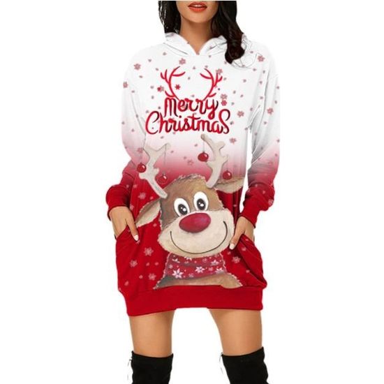 Robe De Noël Femme Longue à Capuche - Manches Longues Avec Poches - Imprimé Bonhomme De Neige, Père Noël - Légère Et Confortable - Pour Soirée, Fêtes
