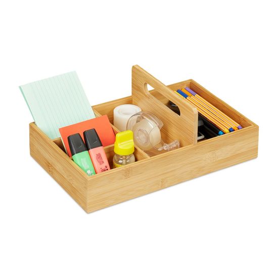 Organiseur De Bureau En Bambou Relaxdays - 5 Compartiments, Dimensions 12,5x32,5x20,5 Cm, Naturel, Pour Rangement Stylos Et Cosmétiques - 11