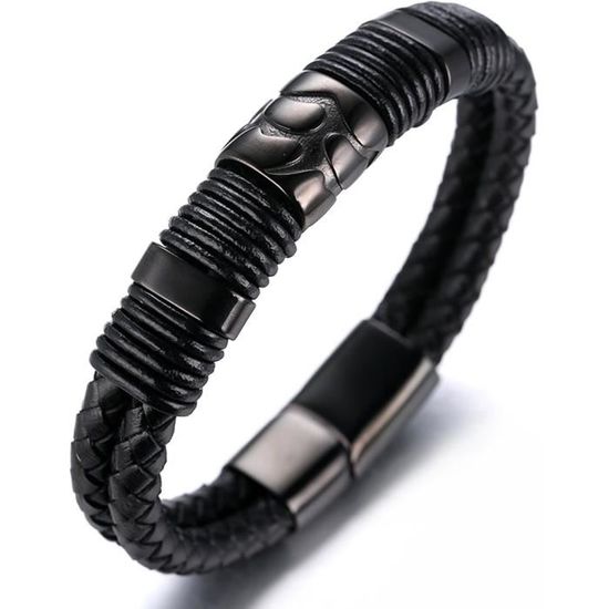 Homme Bracelet En Cuir Véritable De Main Tresser Ancre Fermoir Magnétique En Titane Acier Mat