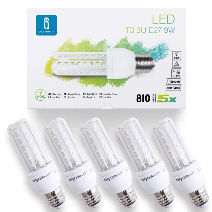 Aigostar - Lot de 5 ampoules LED B5 T3 3U E27 (gros culot), 9W équivalent à 80W. Lumière blanche froide 6400K, 810 lm, angle de 360º